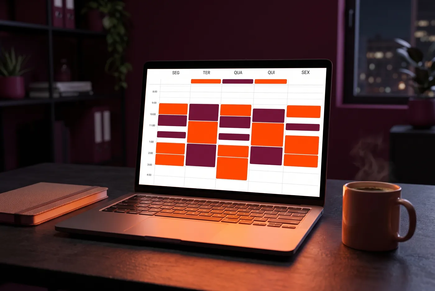 Ilustração: notebook mostrando uma agenda semanal com quase todos os horários ocupados